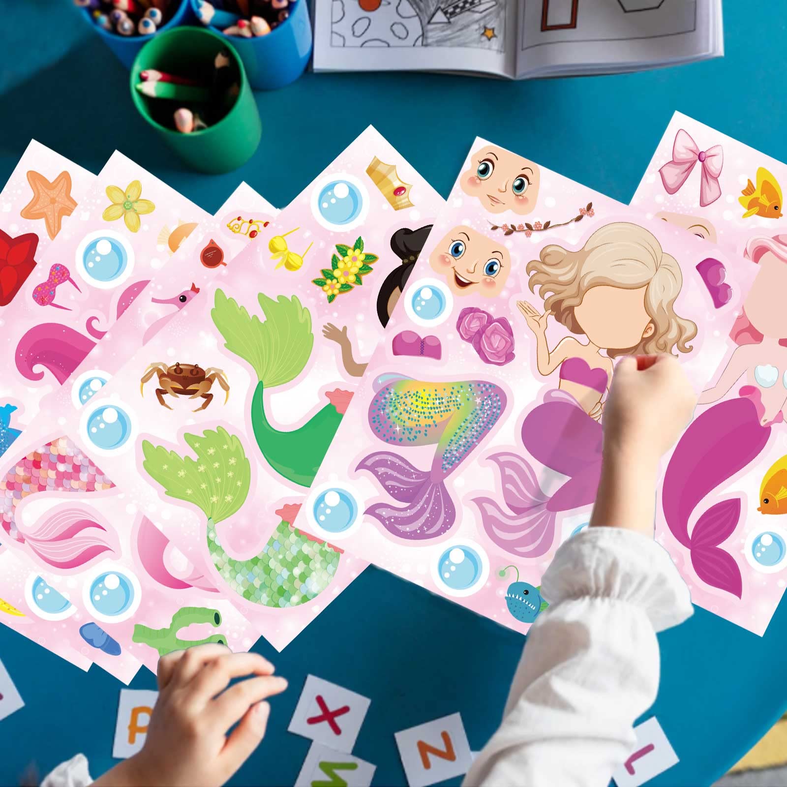 24 Sheets Mermaid Stickers Make Your Own Stickers Party Favors Mermaid Make A Face Sticker for Kids Party Favors,Classroom Teacher Rewards, Art Craft Supplies