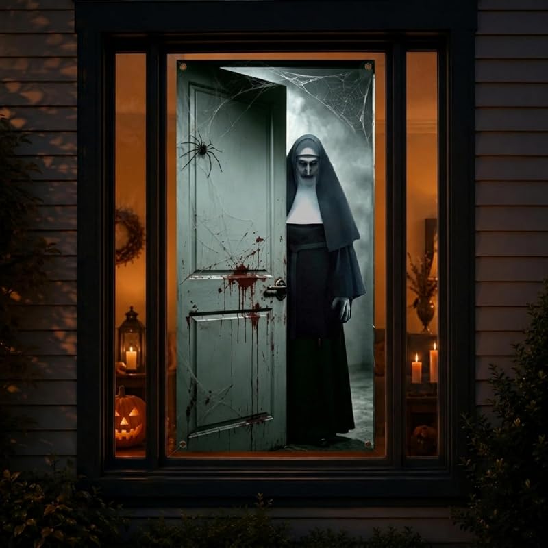 Banner de Puerta de Halloween Aterrador 180 x 90 cm, Decoración de Puerta de Horror para Fiesta (Monja Blanca)