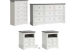 LOUVIXA Farmhouse Bedroom Sets of 4, 4Pcs Farmhouse Dresser Set，Including 9 Drawer Dresser, 5 Drawer Dressers and Nightstand Set of 2 with Charging Station (White Sets, 4 Pieces)