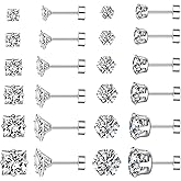 COZLANE Silver Flat Back Stud Earrings for Women Hypoallergenic Round Square Cubic Zirconia Surgical Stainless Steel Earrings Set for Multiple Piercing 12 Pairs