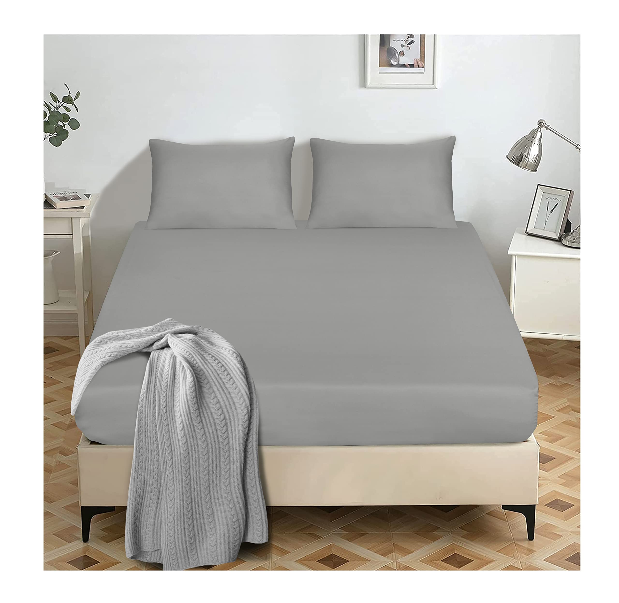 Light Grey Fitted Sheet Super King Size - 25cm Deep Pocket - Easy Care - Brushed Microfiber Bed Sheets - Bedding and linen Bottom sheet - 180 x 200 cm
