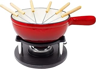 ToCis Big BBQ Gusseisen Fondue für Käsefondue und Schokofondue inklusive Brenner und Spieße (Rot/Weiß Emailliert)