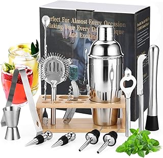 Gomyhom Cocktail Set,14 Teiliges Bar Zubehör, 750 ml Cocktail Shaker mit Bambus-Ständer für Barmann Männer und Frauen zu Hause