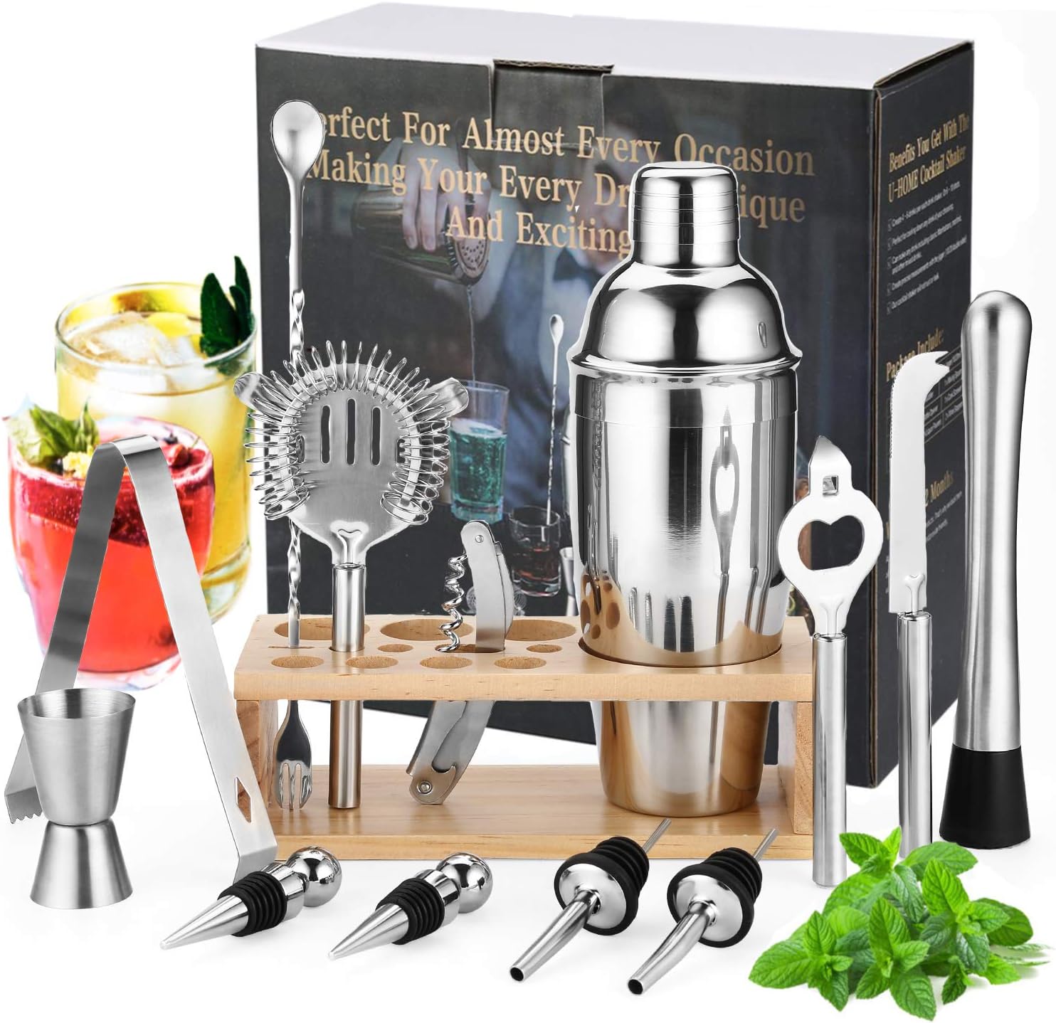 Gomyhom Cocktail Set,14 Teiliges Bar Zubehör, 750 ml Cocktail Shaker mit Bambus-Ständer für Barmann Männer und Frauen zu Hause