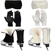 Regilt 2 Sets Figure Skating Leg Warmers Gloves Headband Set Zipper Fleece Lined Leg Warmers Socks for Ice Skating