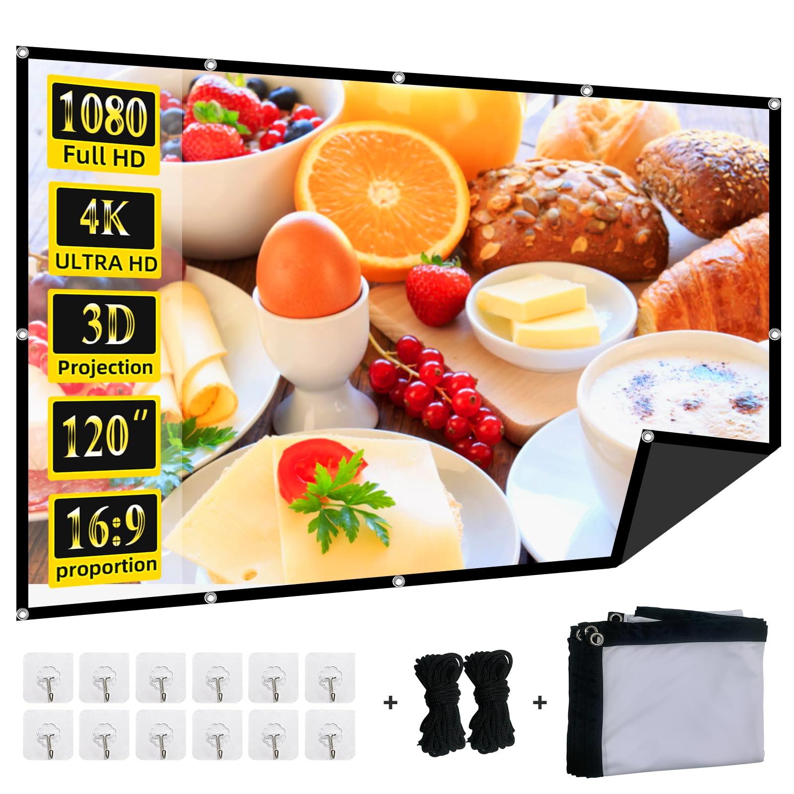 Foldable 120-inch Projector Screen,XINLEMY 4k 16:9 Anti-Crease Portable Washable Projector Backing Black Absorbs Light Movies Screens for Home Theater Backyard Indoor and Outdoor camping