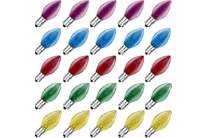 SUNSGNE C7 Multicolor Christmas Replacement Bulbs, Clear Multicolor Incandescent Light Bulbs for C7 Outdoor Patio Christmas String Lights, E12 Candelabra Base, 5 Watt, 25 Pack