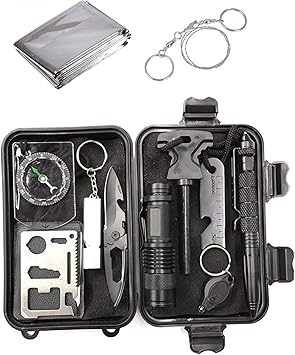 Amazon サバイバルグッズ 11点セット 緊急サバイバルグッズ Sos屋外生存 応急処置 救急キット キャンプ装備 サバイバルナイフ マルチツール 防災用品 安全対策 コンパス 火打石 アウトドアナイフ 懐中電灯 地震 台風 旅行 登山 ハイキング 携帯 収納便利 方位磁石 銀色