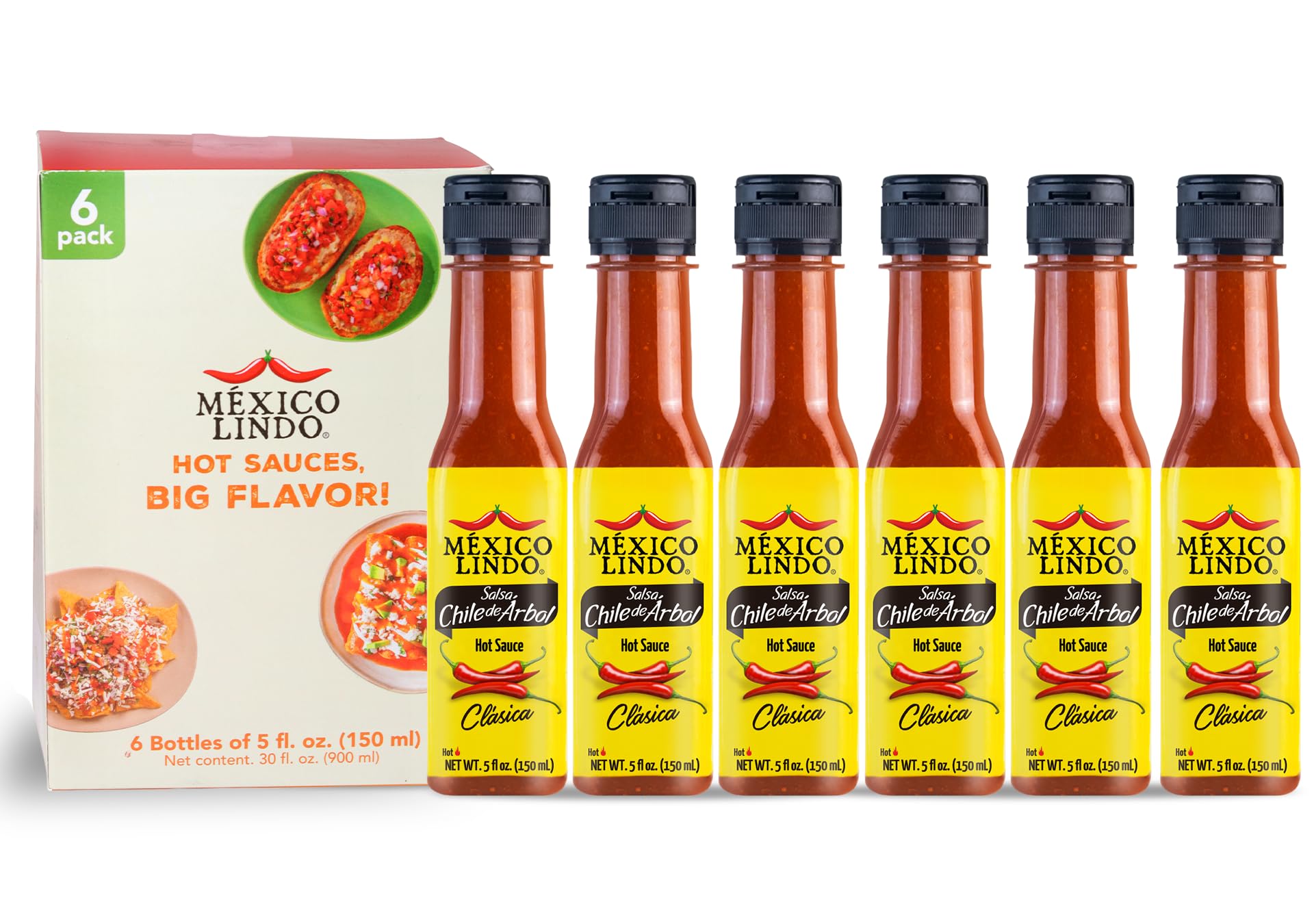 Photo 1 of ***11/24/25***Mexico Lindo Chile de Arbol Hot Sauce Ingredients | 12,190 Scoville Level | Classic Flavor | 5 Fl Oz Bottles (Pack of 6)