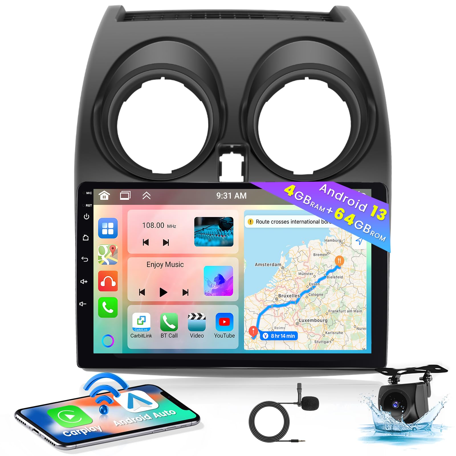 4+64G for Nissan Qashqai J10 2006-2013 Android 13 Car Stereo，8 core 9 Inch Touchscreen Car Radio with Carplay Android Auto GPS Navi WiFi Bluetooth DSP 59UI Backup Cam