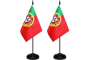 BCLIN Portugal Desk Flag Set, 2 Pack Portuguese Table Office Flags, Small Mini Desktop Flag With 12" Solid Black Pole, Black Base, Miniature Desktop Flag