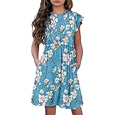 HOSIKA Girls Floral Dress Boho Ruffle Sleeve Pleated Casual Swing Dresses with Pockets for Kids 6-12 Years