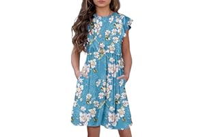 HOSIKA Girls Floral Dress Boho Ruffle Sleeve Pleated Casual Swing Dresses with Pockets for Kids 6-12 Years