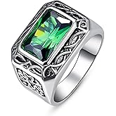 Yaresul 12x8mm Simulated Mens Gemstone Ring Stainless Steel Vintage Celtic Mens Ring, Blue|Red|Black Stone Signet Style Rings for Men Wedding Gift for Husband, Father, Grandpa Size 8-12