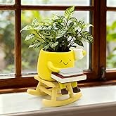 LAUGOKOBE Smily Face Rocking Chair Planter -Cute Resin Book Coffee Succulents Plant Pots with Drainage Hole for Indoor Outdoo