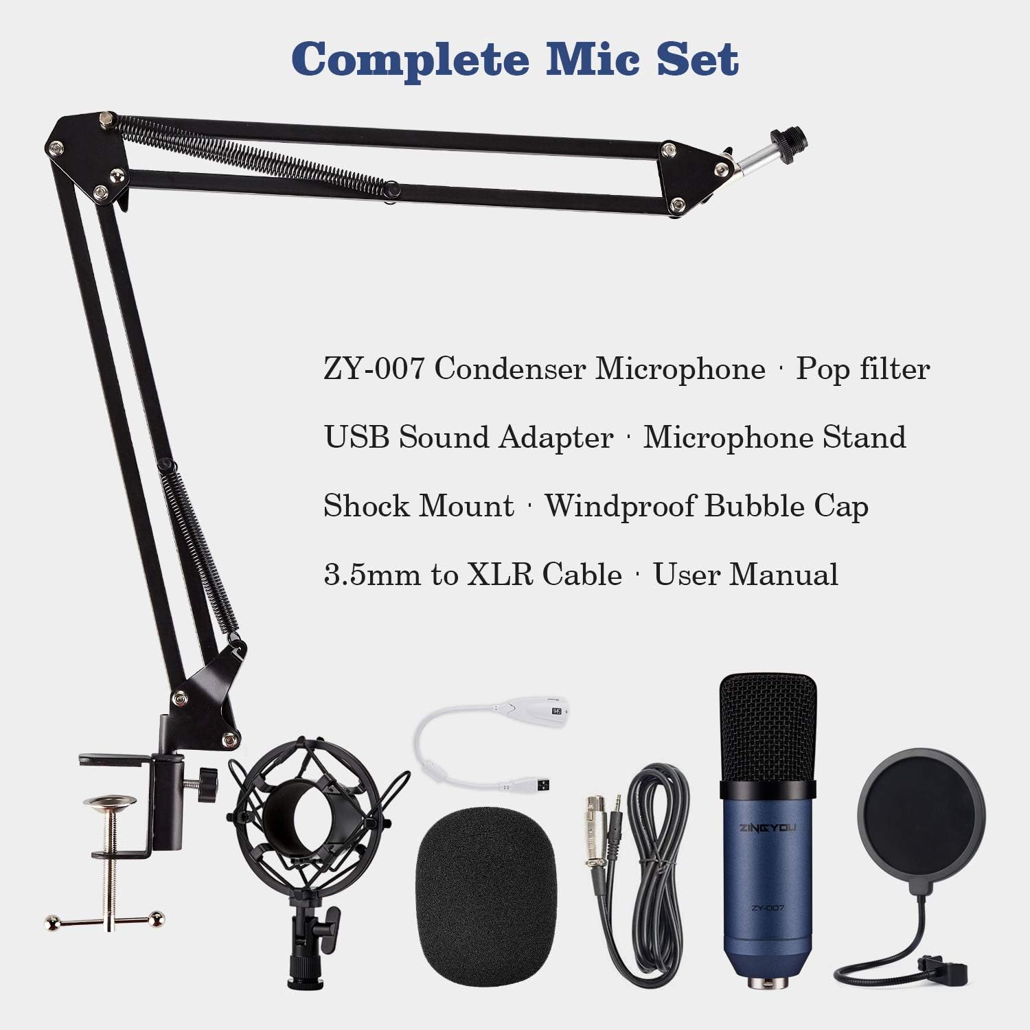 Condenser Microphone ZINGYOU Computer Mic ZY-007 Recording Bundle for Gaming Streaming YouTube Videos Professional Cardioid Microphone Include Adjustable Arm Stand, Shock Mount and Pop Filter(Blue): Musical Instruments