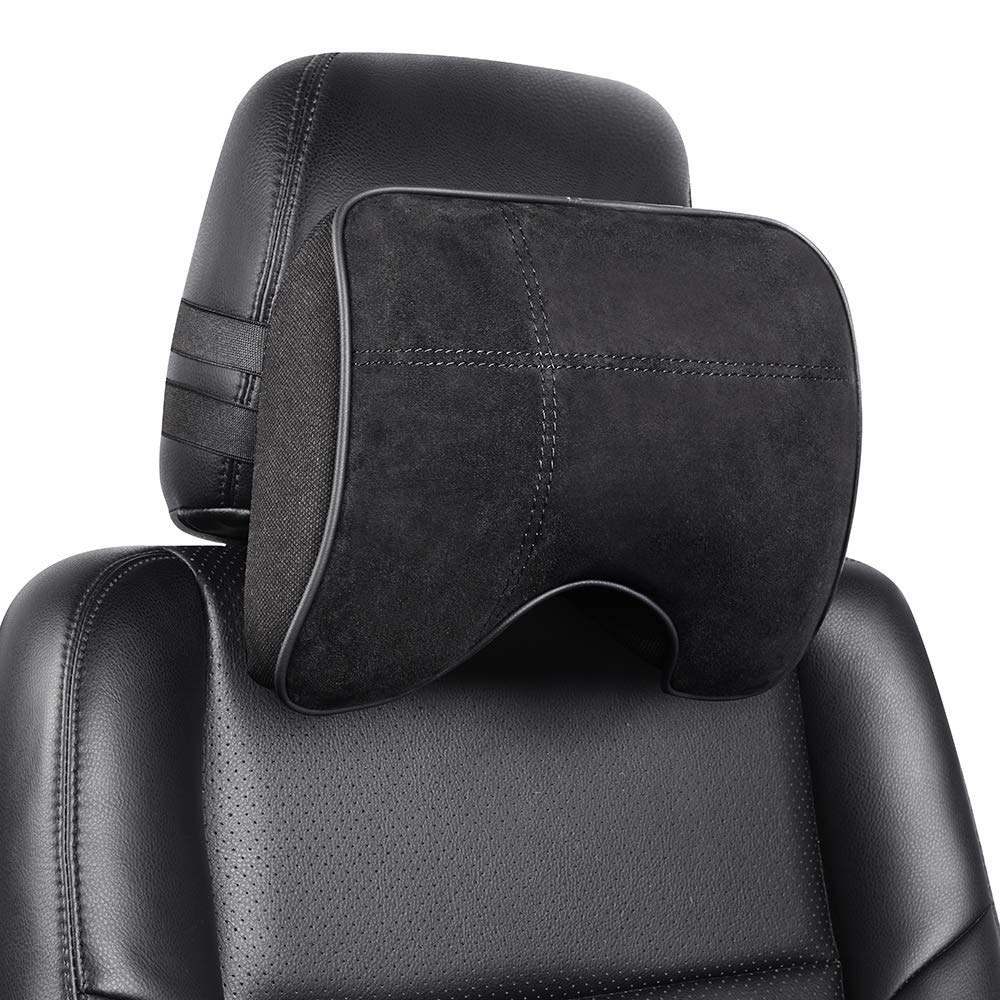 EASY EAGLE Car Neck Pillow in Suede Fabric and Memory Foam, Headrest Cushion with Detachable Seat Belt for Car Seat, Black, 1 Piece
