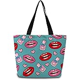 ZhuVantrix Cartoon Lips Tote Bag Reusable Grocery Bags Aesthetic Shopping Shoulder Handbag with Interior Pocket Lightweight & Washable Stylish Simple Cartoon Lips Present for Women