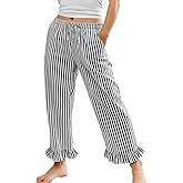 Flygo Womens Striped Lounge Pants Y2K Long Cotton Ruffle Boxer Bottoms Comfy Drawstring Elastic Waist Pj Pants with Pockets