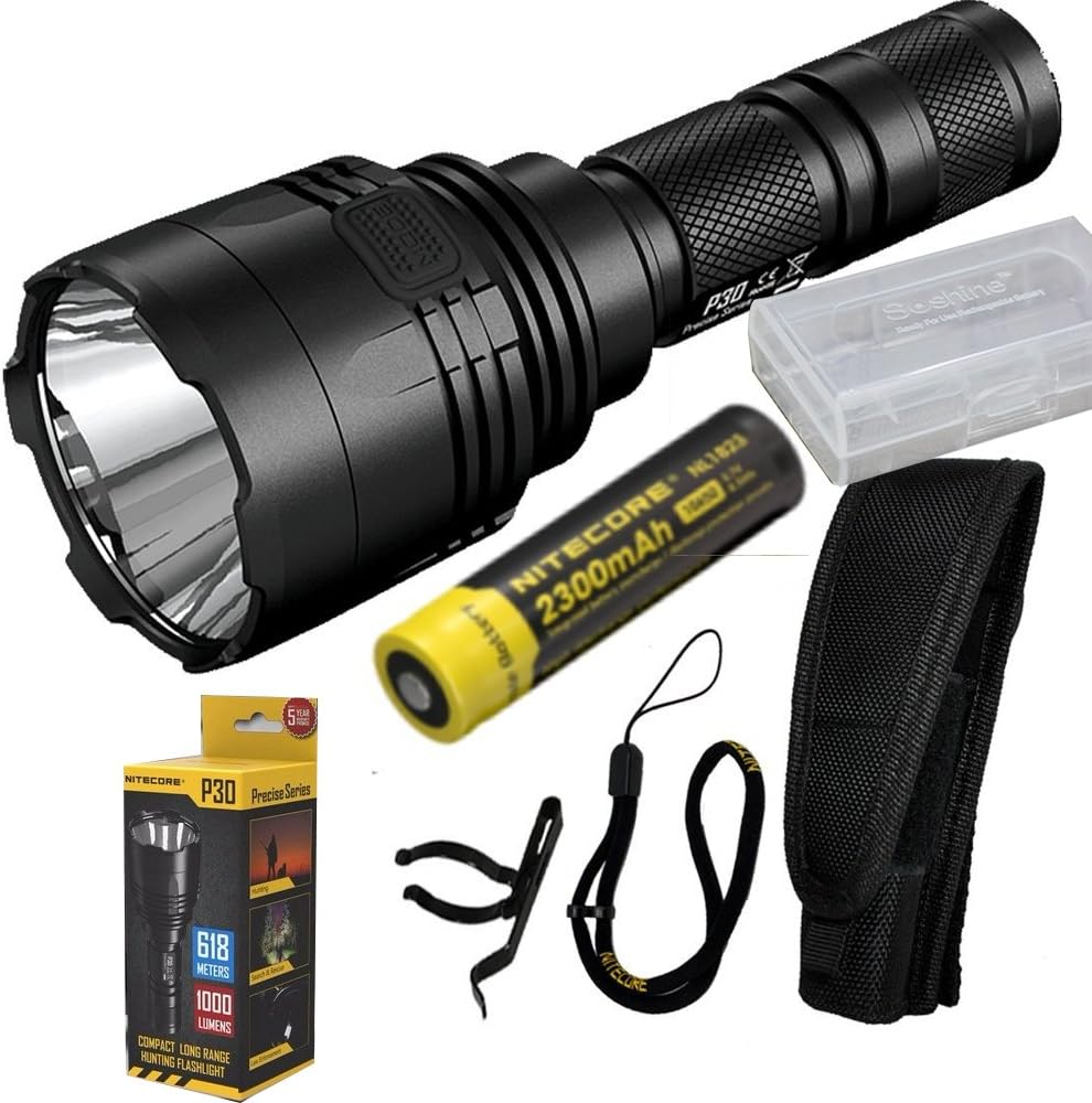 Nitecore P30 1000 Lumen 676 Yard Long Throw LED Flashlight with 2300mAh 18650 battery,battery case,Holster, O-ring, Lanyard, Switch cover, Clip,Tactical ring, CR123 battery magazine