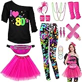 WlLDPARTY 80s Outfit Women Costume Accessories Set, T Shirt Leggings Tutu Skirt Fanny Pack Headband Fishnet Gloves Legwarmers