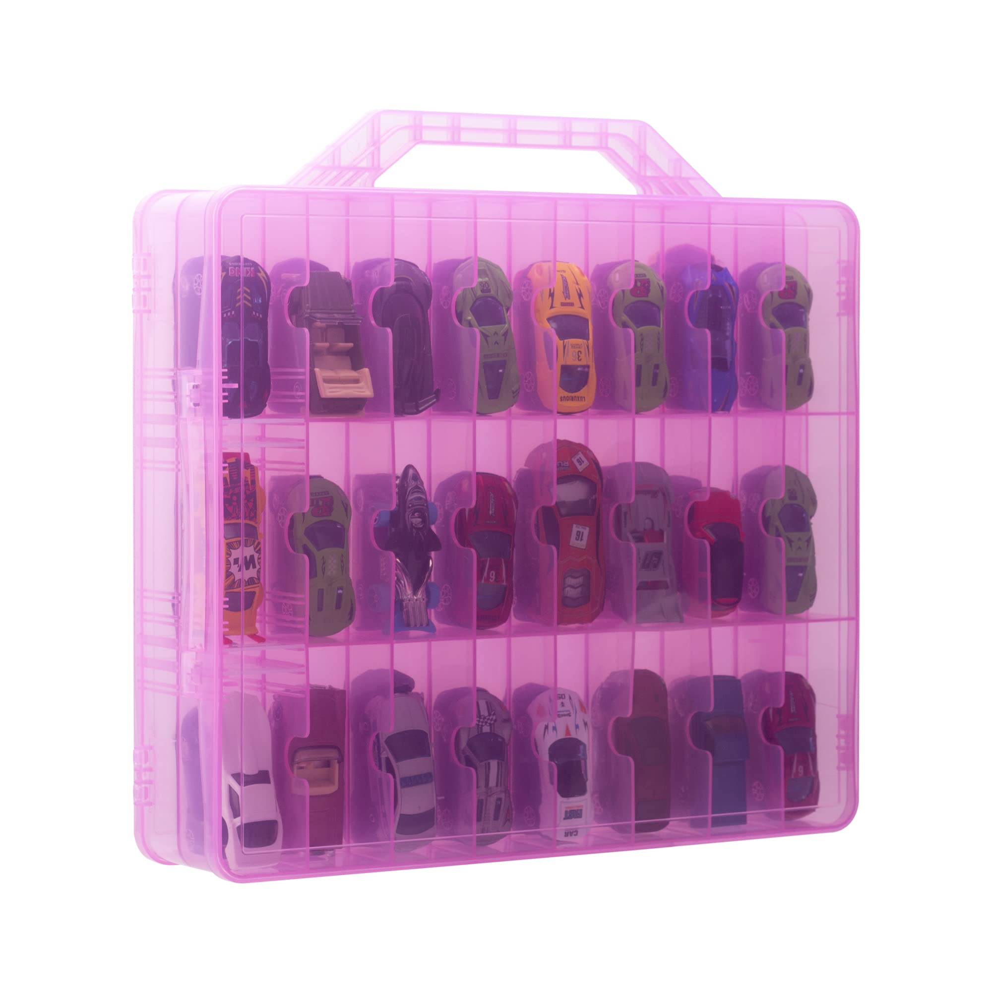 Photo 1 of KISLANE Double Sided Toy Car Storage Case for 48 Toy Cars, Matchbox Cars, Mini Toys, Small Dolls, Portable Transparent Storage Case for Toy Cars, Matchbox Cars with 48 Compartments, Case Only