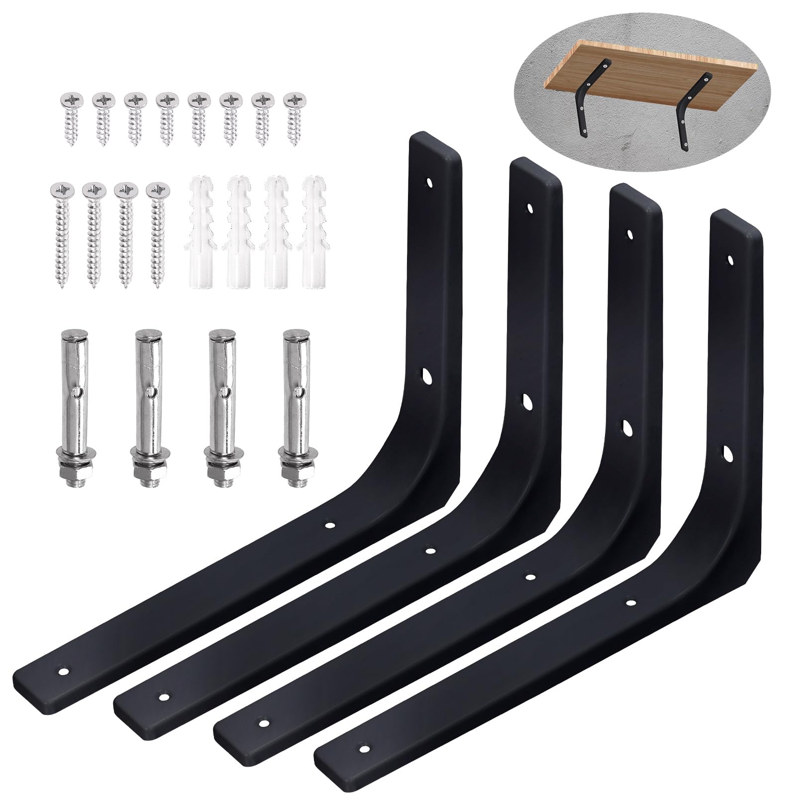 Swpeet 4 Pack 10"L x 8"H Metal Wall Shelf Bracket, Heavy Duty Floating Shelf Support Bracket, Decorative Joint Angle L Steel Bracket Kit Contains 20/40MM Screws, Anchors, Bolts for Home Decor, Black