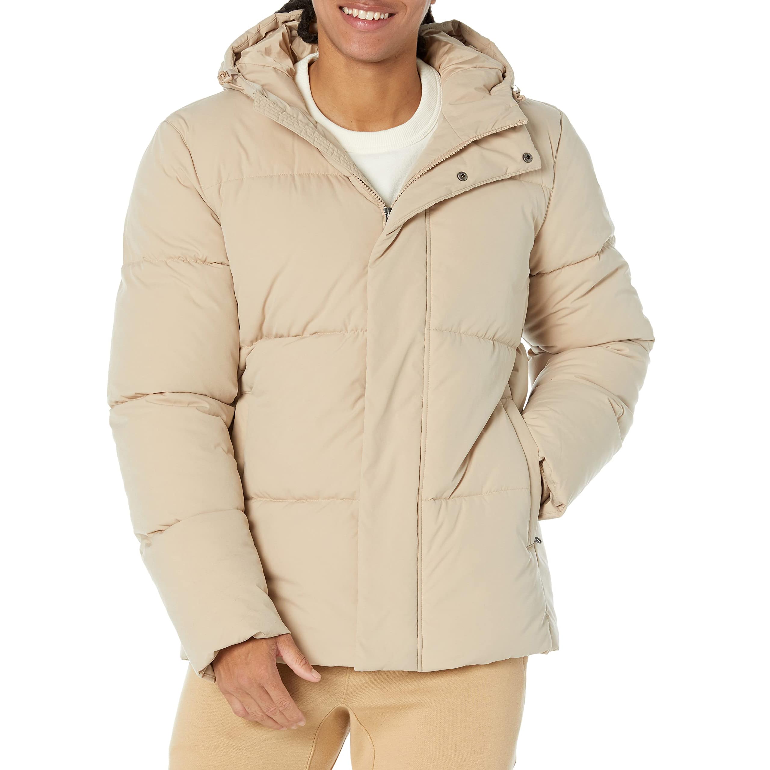 Amazon Essentials Men's Mid-Length Hooded Puffer Coat (Available in Big & Tall), Tan, Medium Image