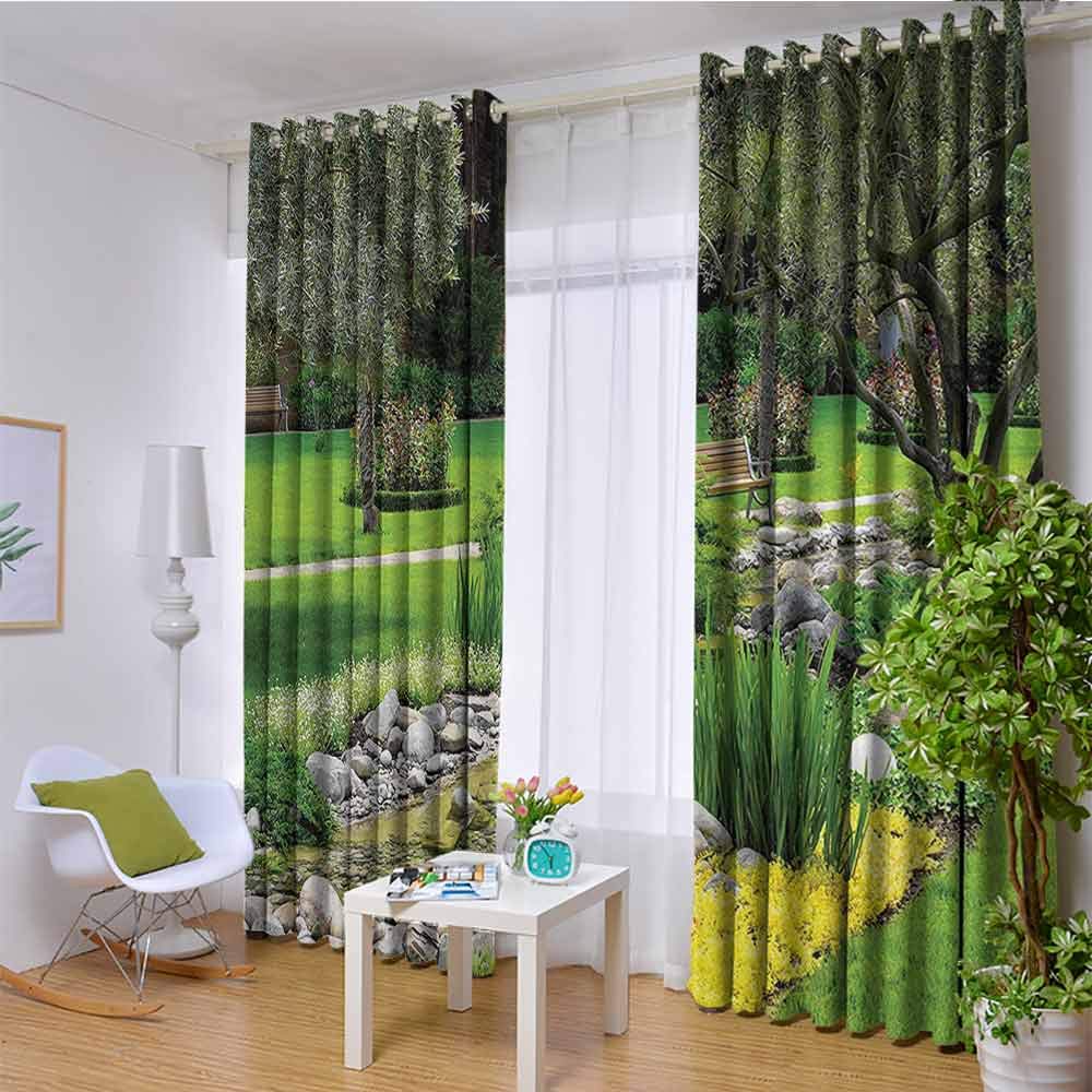 hengshu Garden Decor 99% Blackout Curtains Japanese Park Style Recreational View with Pond Grass Stones and Trees Landscape for Bedroom Kindergarten Living Room W96 x 108 Inch Green