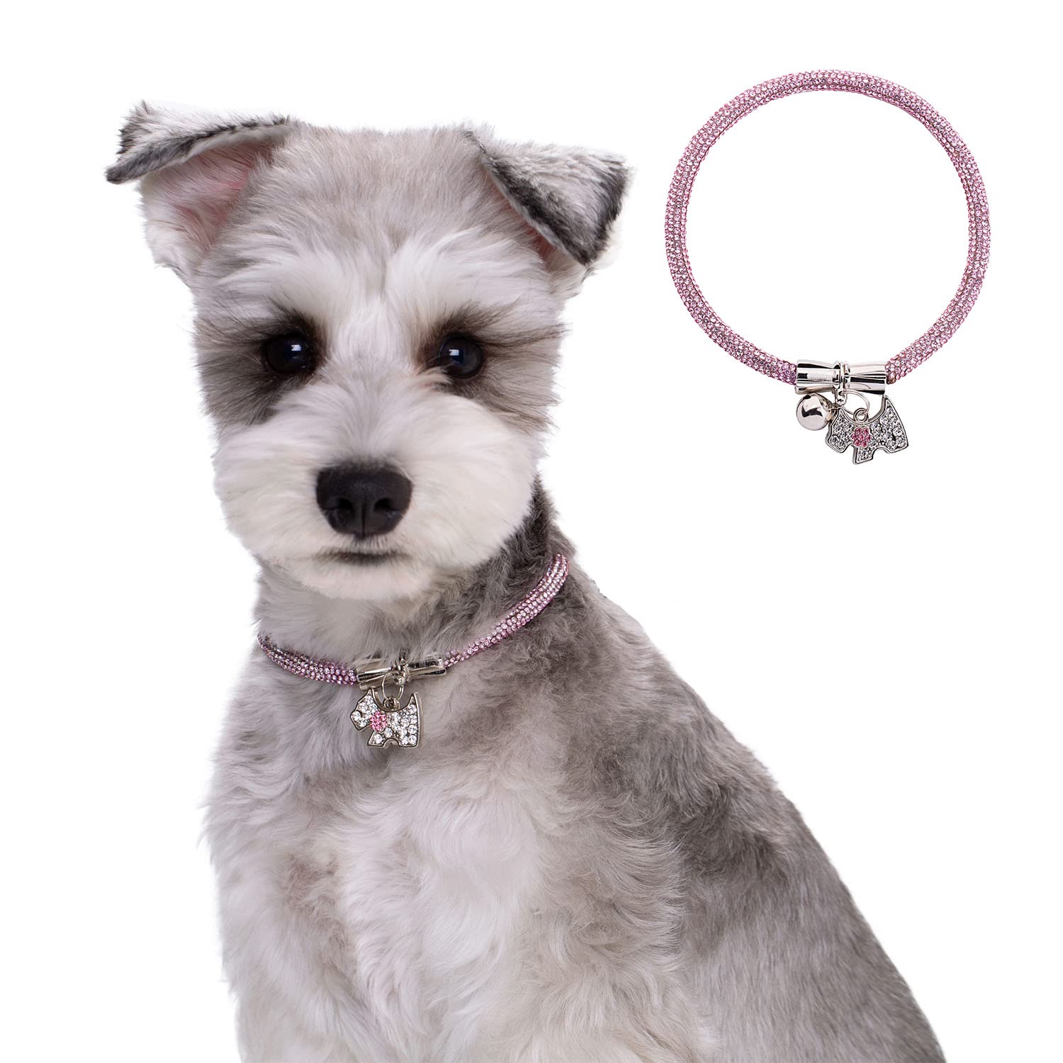 Dog Collar with Bell & Cute Tag, Full Crystal Rhinestones Shiny Dog Collar, Dog Cat Collar Designer Bling Necklace for Cat Puppy Small Medium Dog_Pink Collar(40cm/15.8in)