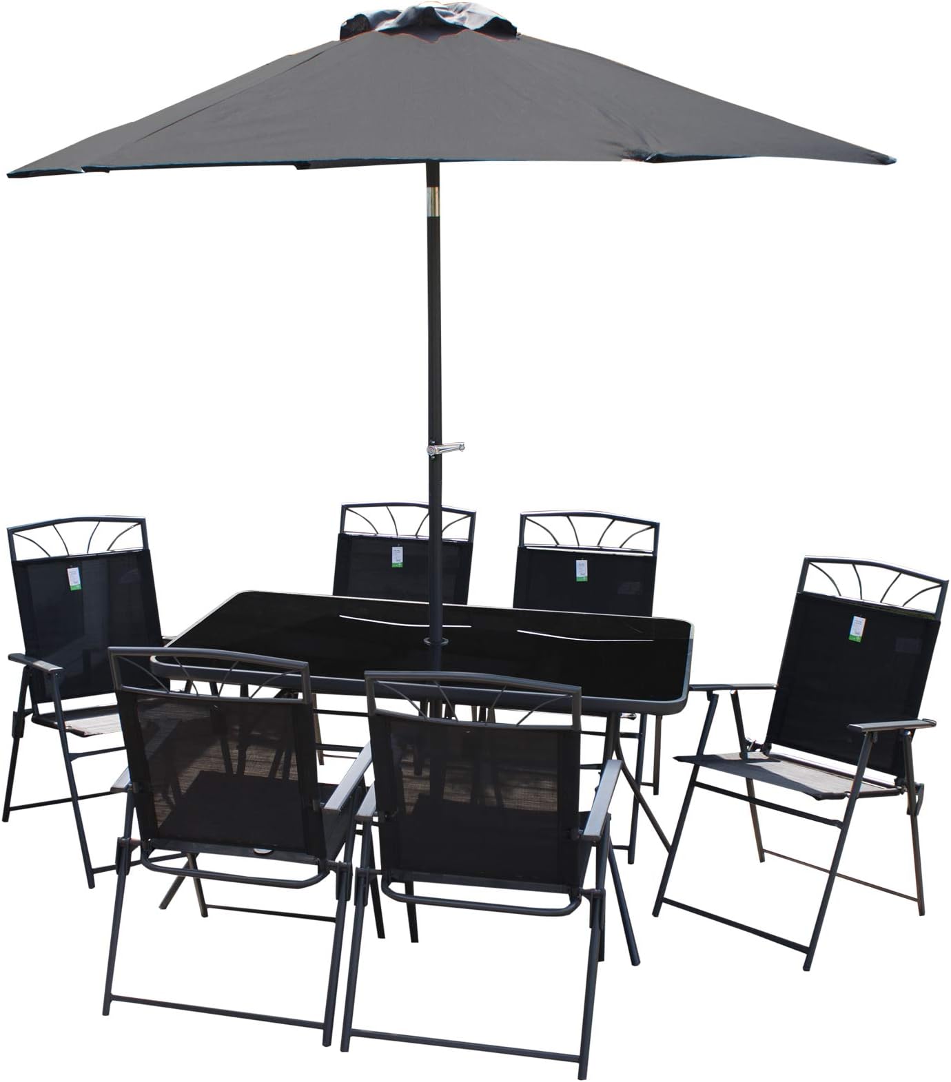 8PC Garden Furniture Set Steel Textoline Rectangle Glass Table 6 Chairs Parasol