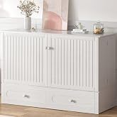 Mjkone Murphy Bed Cabinet Queen with Tri-Fold Mattress Included &amp; USB Charging Station, Modern Versatile Solid Wood Chest Cabinet Wall Bed with Drawers, Adult Guest Beds for Apartment Bedroom - White