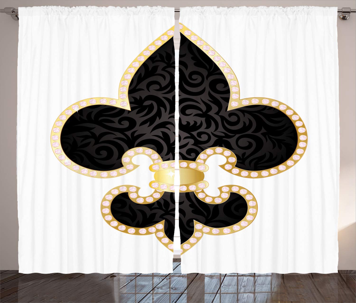 ABAKUHAUS Fleur De Lis Curtains, Royal Lily France Empire Family Insignia Design Image, Living Room Bedroom Window Drapes 2 Panel Set, 89 W X 110 L, Black Gold White