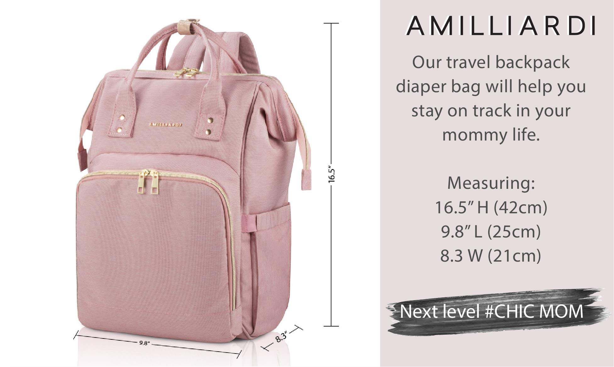 Diaper Bag Backpack with 6 INSULATED Bottle Holders – Light Pink, Water-Resistant Polyester Baby Bag – Detachable Stroller Straps – Stylish & Spacious for Baby Girl – Travel Diaper Bag