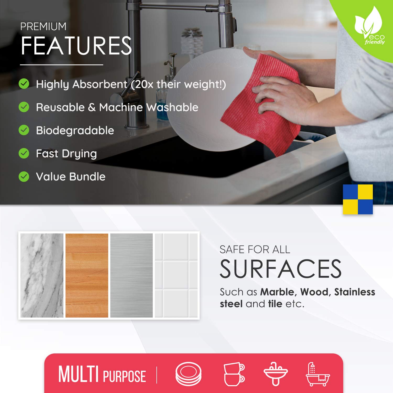 Swedish Dish Towels Cellulose Sponge Cloth - Large Capacity 10 Pack Eco-Friendly Odorless Reusable Cleaning Cloth for Kitchen - Absorbent Dish Cloths Hand Towels (10 Count)