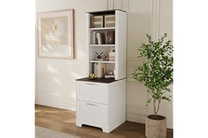 Garvee Farmhouse Bookcase with 2 File Drawers, 72in Tall Wooden Bookshelf with 4-Tier Open Shelves Storage, Freestanding Disp