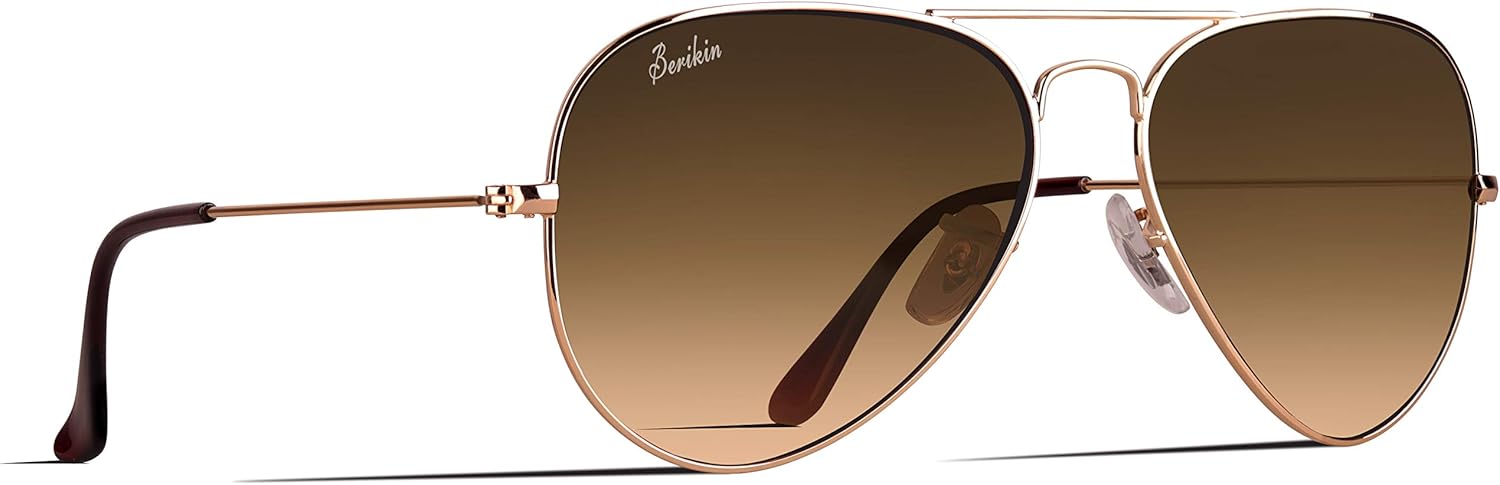 Berikin サングラス 高品質ガラス アビエーター ティアドロップ メンズ レディース UV400 UVカット sunglass for men women ゴールド ブラウン グラデーション レンズ