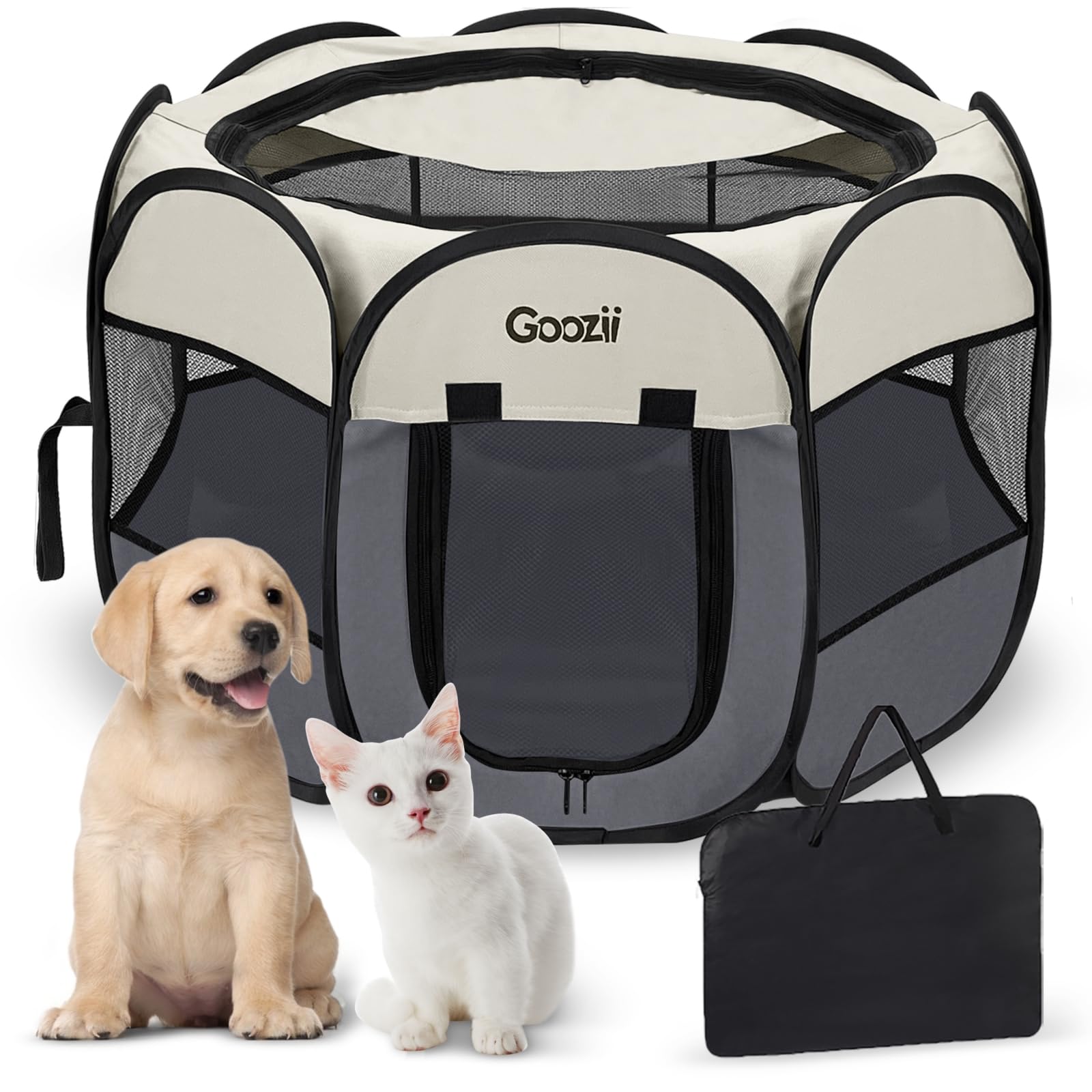 Photo 1 of Goozii Pet Cat Playpen for Indoor Cats Enclosed, Puppy Dog Play Pen for Outdoor Travel Camping (Small Size, Beige & Dark Grey)