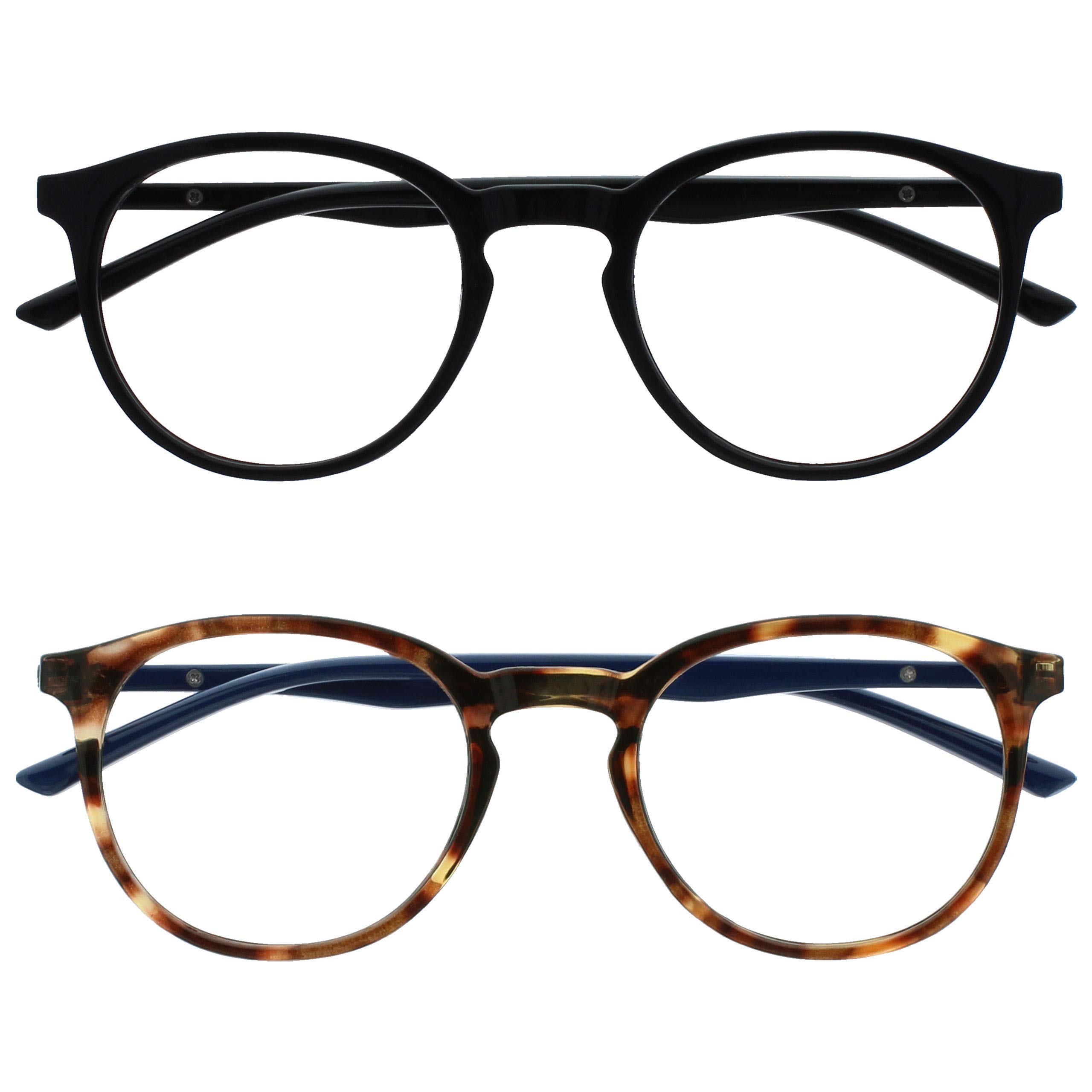 OPULIZE MET Reading Glasses for Women Men, Slim Round Frame with Spring Hinges and Scratch Resistant, Black,Brown +1 (Pack of 2)