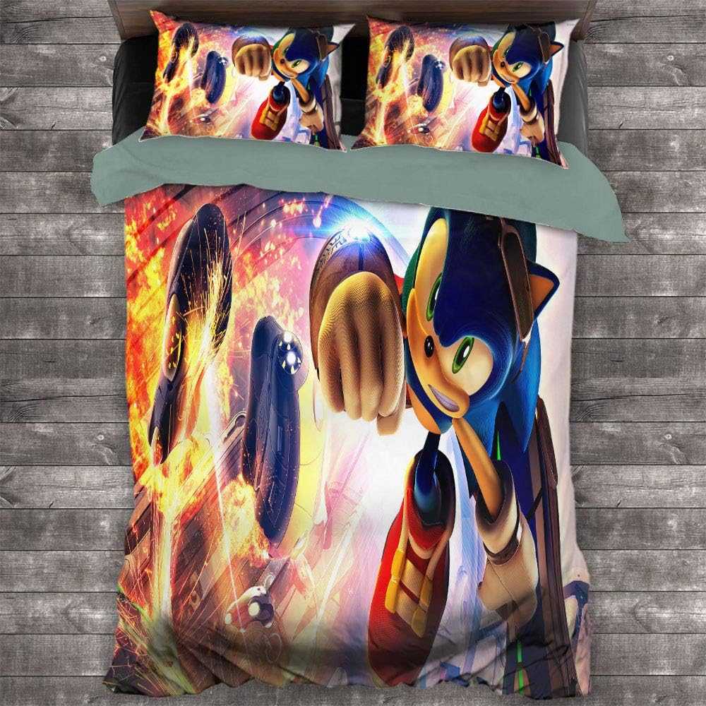 FOCLKEDS Comforter Set Bed Microfiber Duvet Cover Set Anime Sonic The Hedgehog Full Bedding Sonic Dash Bedding (1 Duvet Cover + 2 Pillow Shams) with Soft Comfy Breathable Fade Us Full (200cmx229cm)