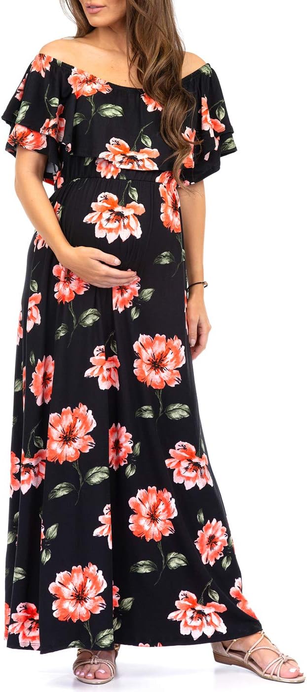 Open Shoulder Maternity Dress with Ruffles