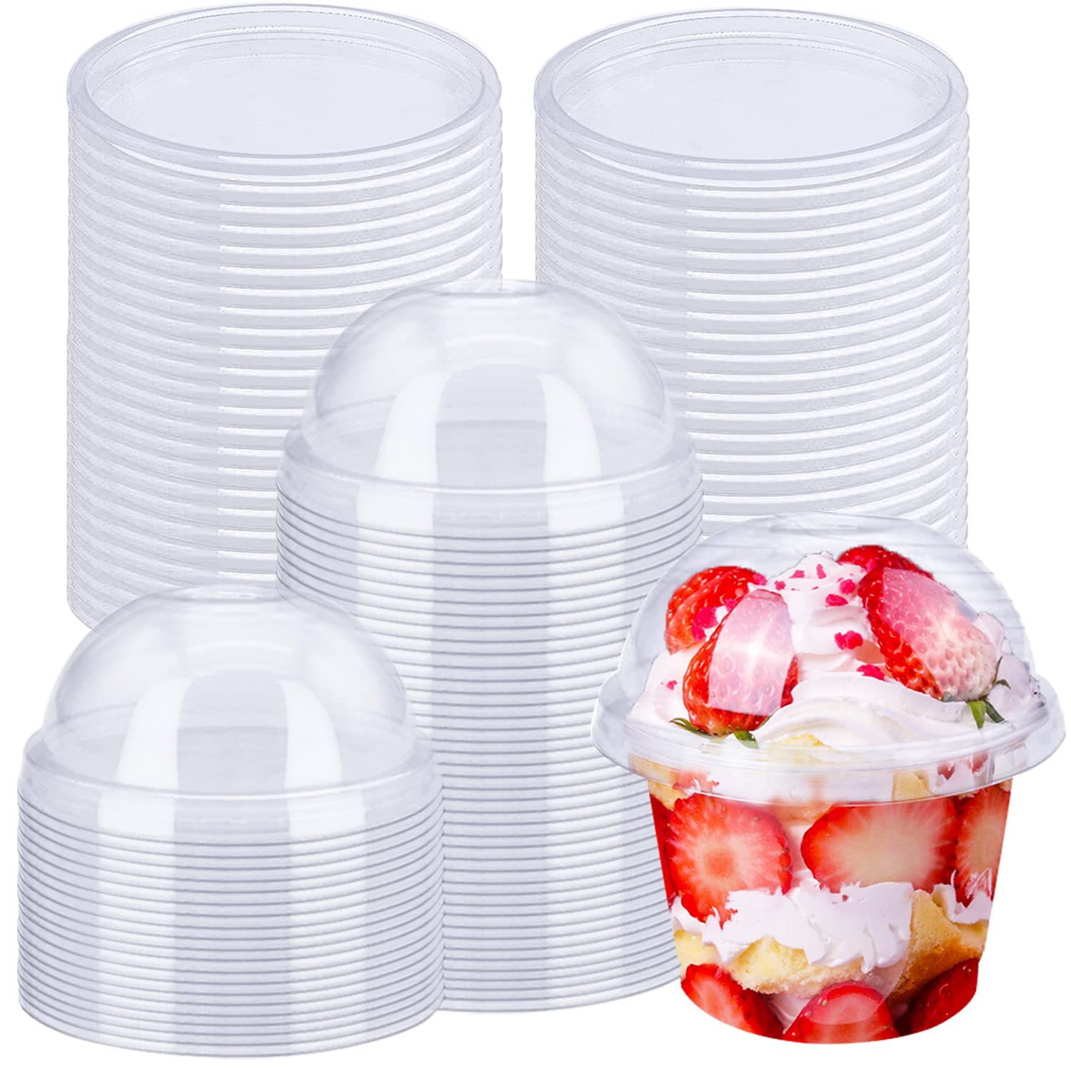 Photo 1 of Alaeseje 50 Pack 8oz Disposable Clear Plastic Cups with Dome Lids(Hole in the Lid),PET Dessert Cups,Disposable Snack Bowls for Ice Cream,Cake,Fruit,Parfait, Pudding and Jello Shot