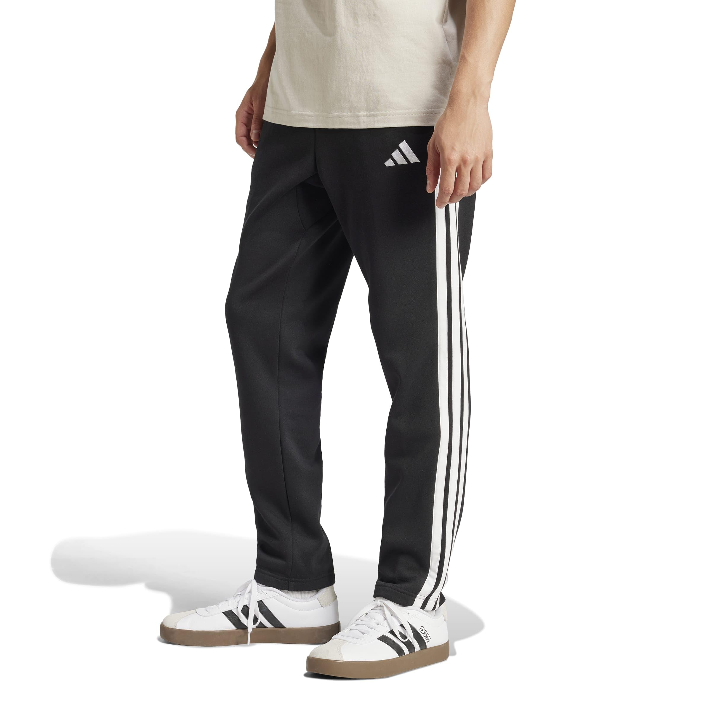 Adidas Men's Essentials 3-Stripes Fleece Open Hem Pants, Black/White, Large/Tall Image