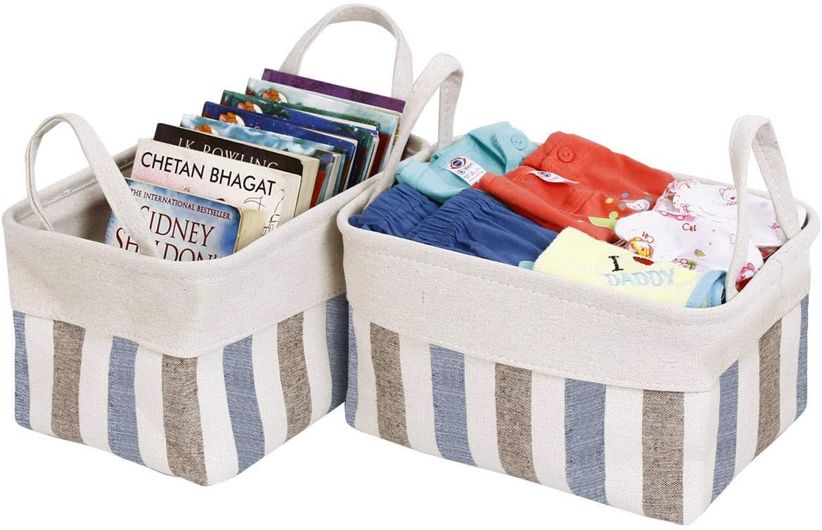 HomeStorie® Eco-Friendly Cotton Foldable Storage Basket Bins, Blue Stripes, Medium - Pack of 2 (AR1530-M*2)