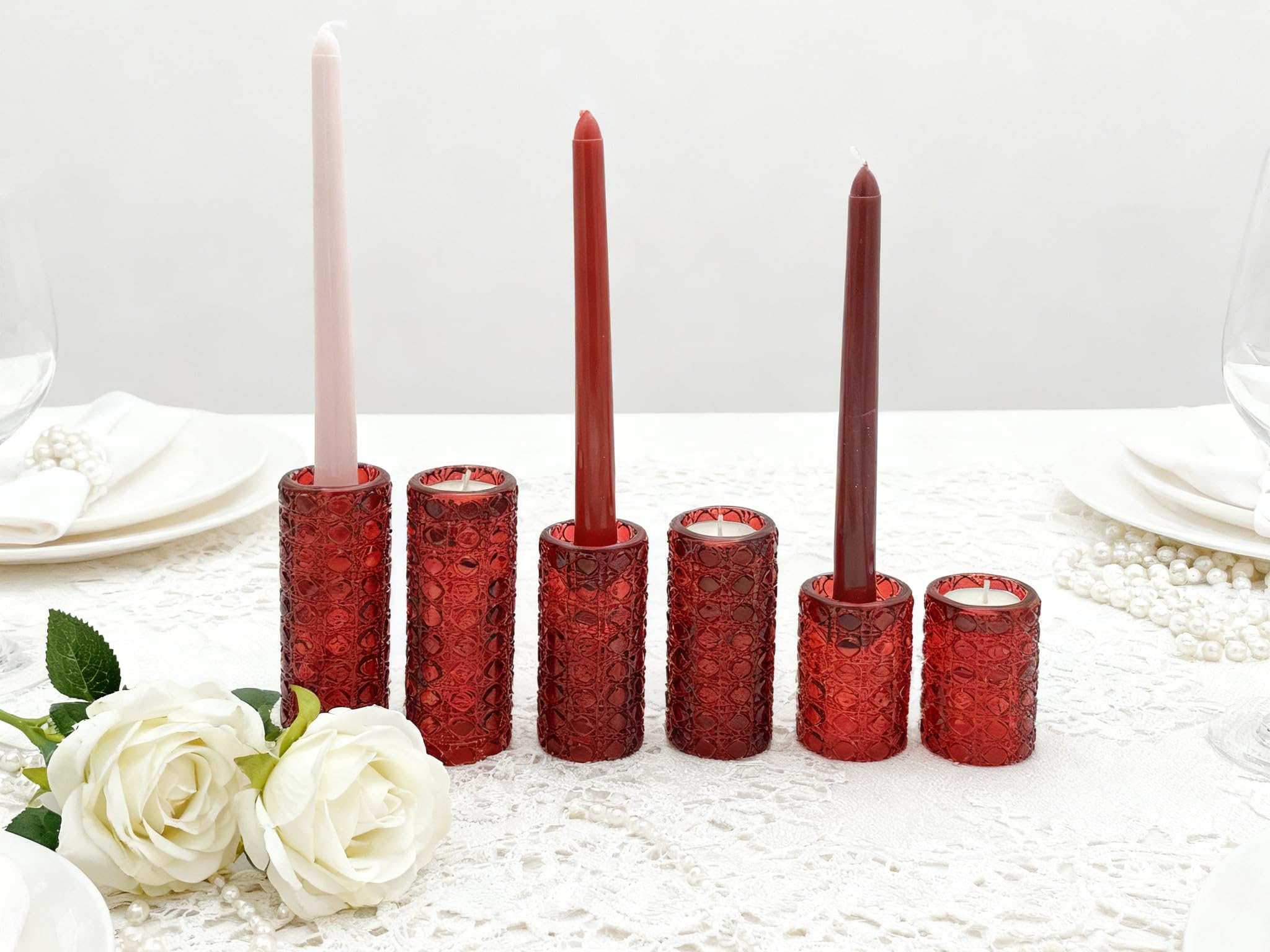 Red Glass Candle Holders Set, 6 Pack Clear Candlestick Holders 3 in 1 Crystal Candleholder Pillar Candle Stands, Tealight & Votive Candle Holder Home Decor Table Centerpieces Christmas Wedding