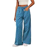 Acelitt Women Casual Drawstring Elastic Waist Loose Wide Leg Striped Pants with Pockets, S-XXL