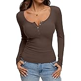 REORIA Women's 2025 Fall Long Sleeve Henley T Shirts Button Ribbed Knit Slim Fit Casual Basic Tops Blouse