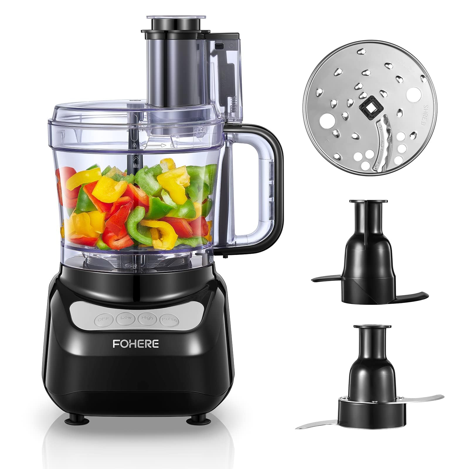 Photo 1 of **NOT IN ORIGINAL BOX**FOHERE Food Processor, 12 Cup, 2-in-1 Feed Chute Food Chopper & Meat Grinder, 500 Watt Motor, BPA Free, Stainless Steel, Procesador de Alimentos for Mincing, Dicing, Shredding, Puree & Kneading Dough