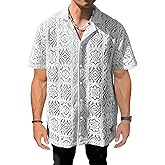 PLEPAN Mens Lace Shirt Floral Hollow Out See Through Casual Short Sleeve Button Down Hawaiian Vacation Shirts Summer Beach