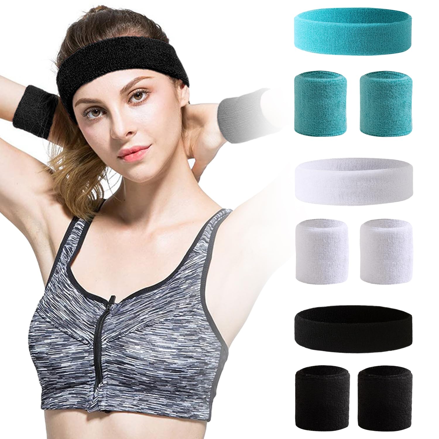 TRKETK 3 Pieces Sweatbands Set, Exercise Basketball Wrist Band Sweatbands Headband Wristband Set Sweat Band for Men and Women Terry Cotton Wristband for Gym Tennis Sports Soccer Running Gymnastics